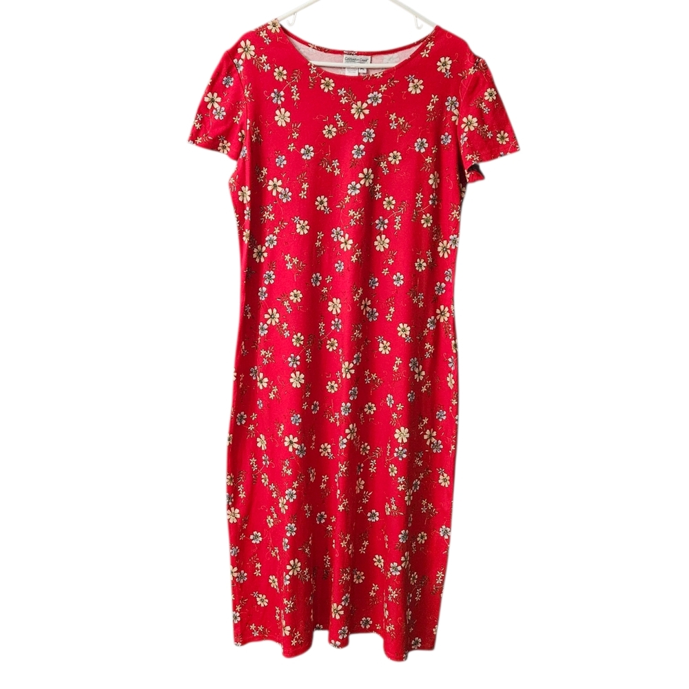 Coldwater Creek Floral Maxi Dress Short Sleeve Women's Petite Large Cotton Red